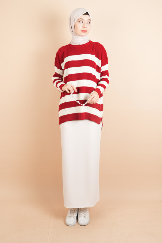 Bayan Tesettür Çizgili Prinç Örgü Kazak Kırmızı - 03Kız Kulesi Teks