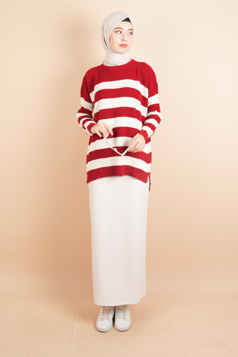 Bayan Tesettür Çizgili Prinç Örgü Kazak Kırmızı - 1