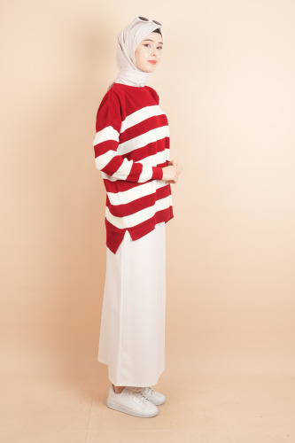 Bayan Tesettür Çizgili Prinç Örgü Kazak Kırmızı - 03Kız Kulesi Teks (1)
