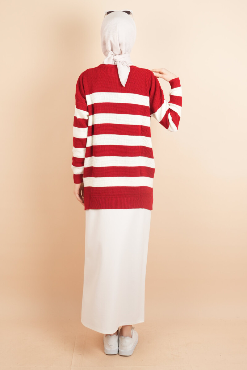 Bayan Tesettür Çizgili Prinç Örgü Kazak Kırmızı - 3