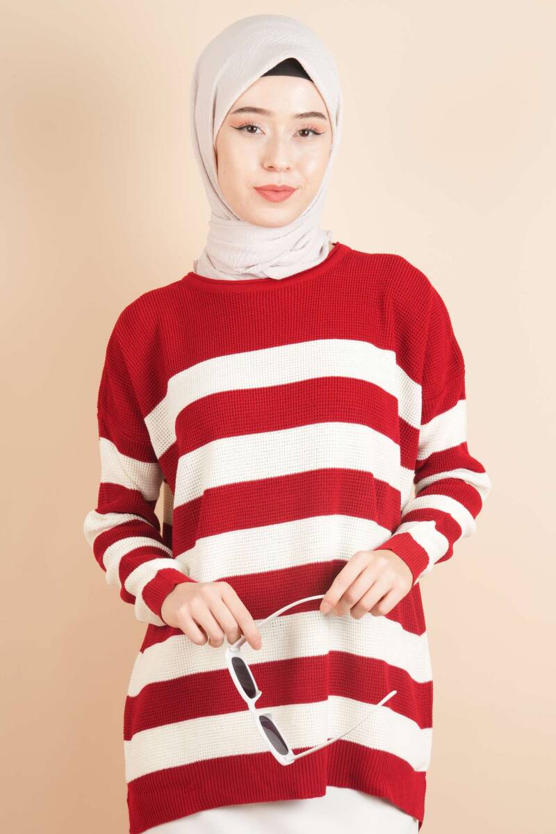Bayan Tesettür Çizgili Prinç Örgü Kazak Kırmızı - 4
