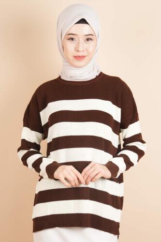 Bayan Tesettür Çizgili Prinç Örgü Kazak Koyu Kahverengi - 03Kız Kulesi Teks