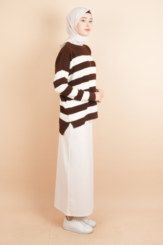 Bayan Tesettür Çizgili Prinç Örgü Kazak Koyu Kahverengi - 3