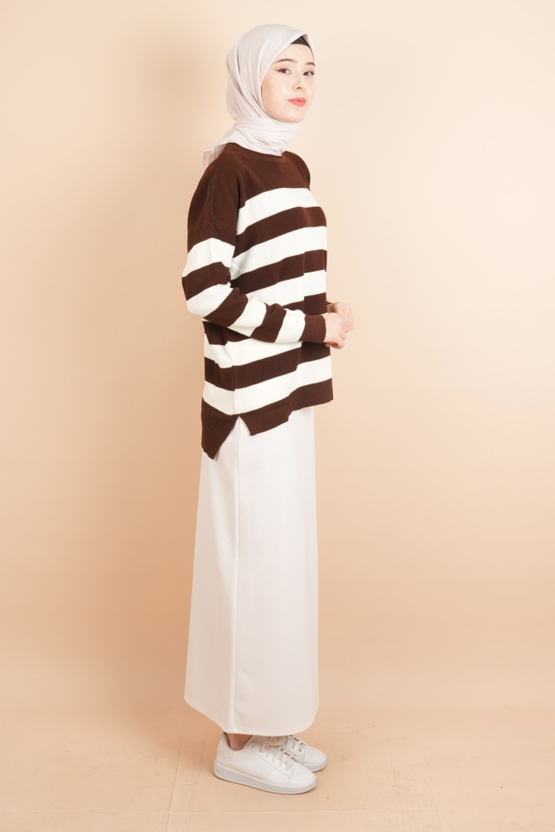 Bayan Tesettür Çizgili Prinç Örgü Kazak Koyu Kahverengi - 3