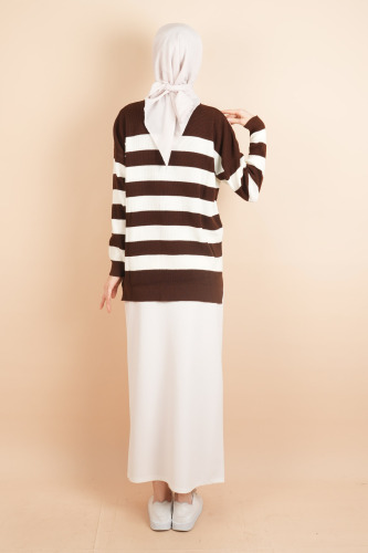 Bayan Tesettür Çizgili Prinç Örgü Kazak Koyu Kahverengi - 4