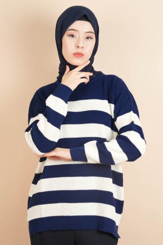 Bayan Tesettür Çizgili Prinç Örgü Kazak Lacivert - 03Kız Kulesi Teks