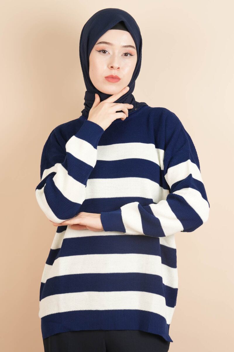 Bayan Tesettür Çizgili Prinç Örgü Kazak Lacivert - 1