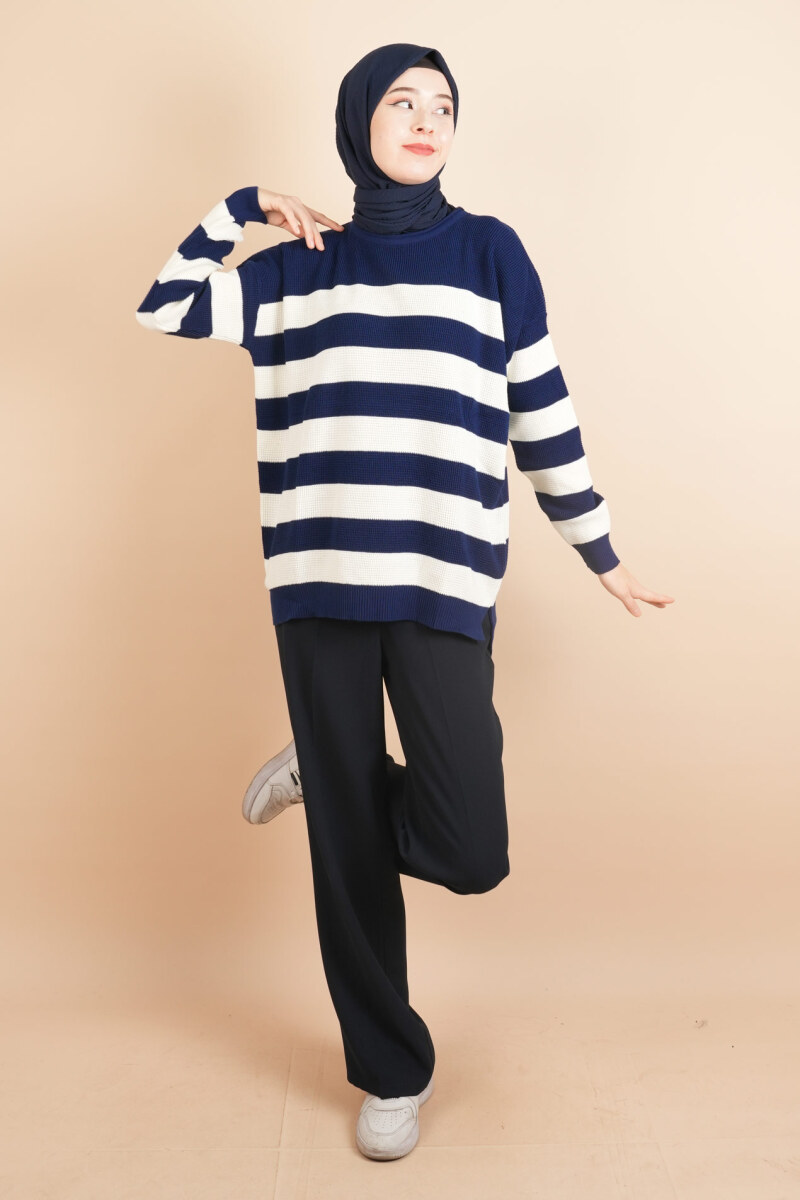 Bayan Tesettür Çizgili Prinç Örgü Kazak Lacivert - 2