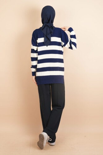 Bayan Tesettür Çizgili Prinç Örgü Kazak Lacivert - 4