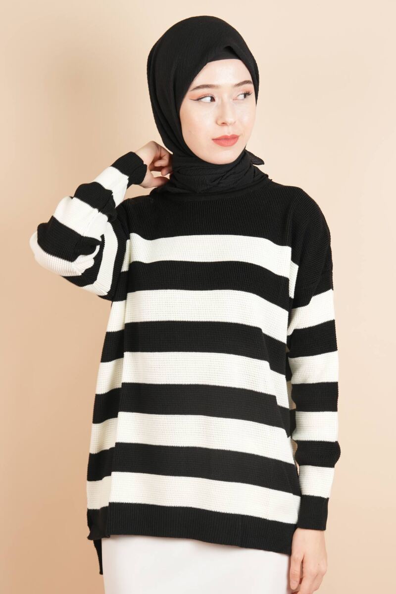 Bayan Tesettür Çizgili Prinç Örgü Kazak Siyah - 1