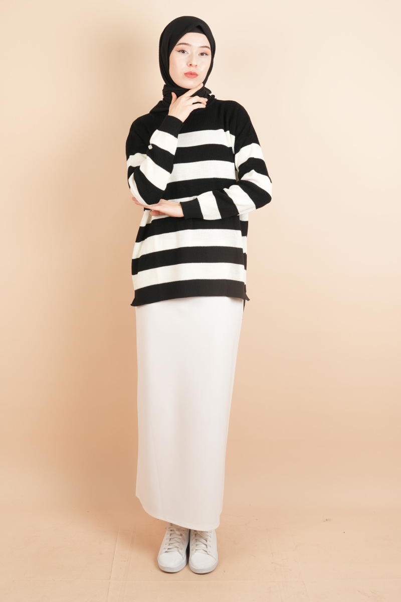 Bayan Tesettür Çizgili Prinç Örgü Kazak Siyah - 2