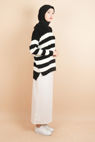 Bayan Tesettür Çizgili Prinç Örgü Kazak Siyah - 3