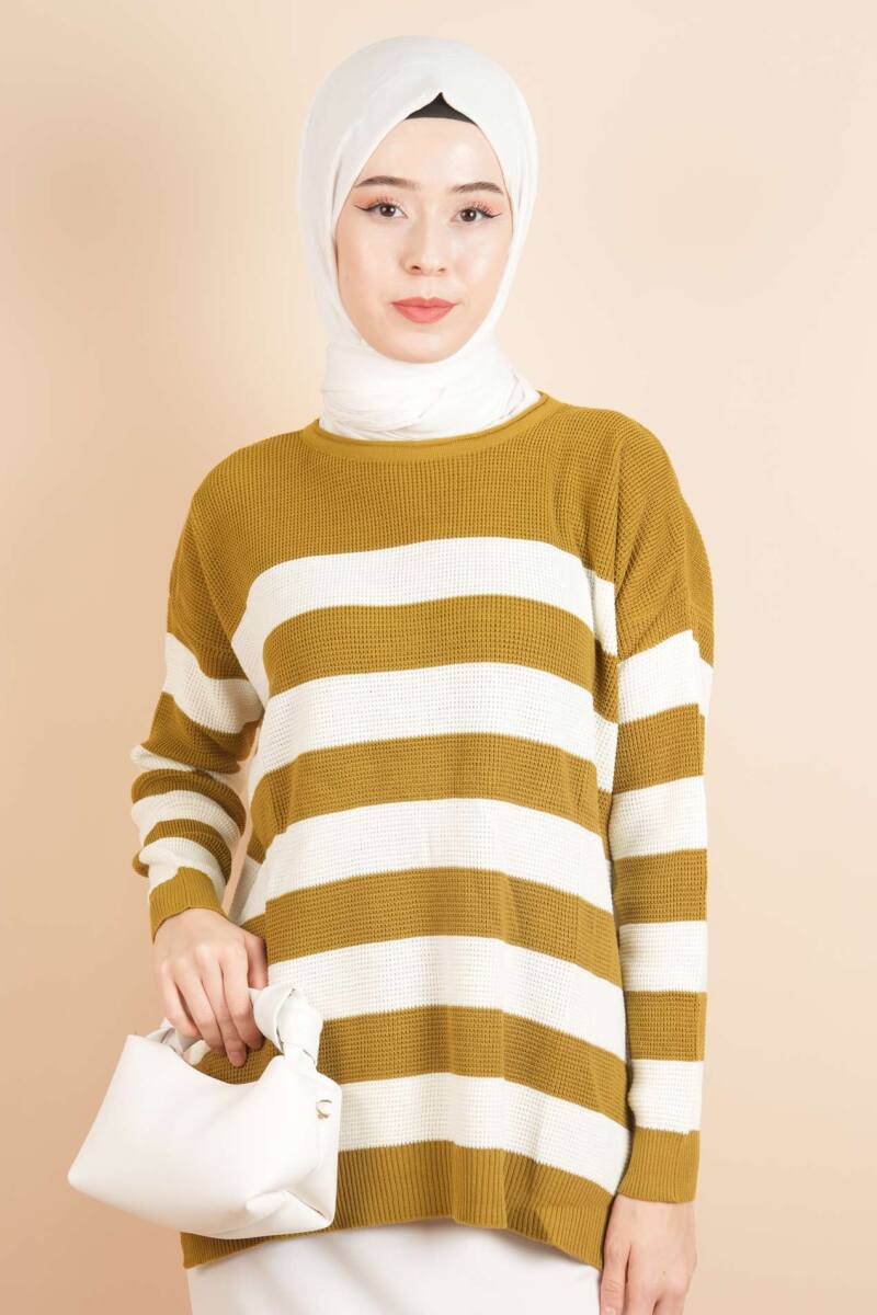 Bayan Tesettür Çizgili Prinç Örgü Kazak Yağ Yeşili - 1