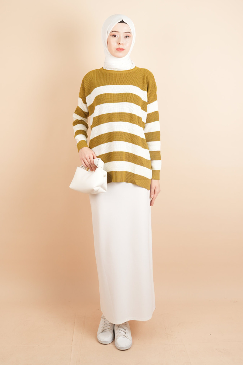 Bayan Tesettür Çizgili Prinç Örgü Kazak Yağ Yeşili - 2