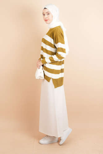 Bayan Tesettür Çizgili Prinç Örgü Kazak Yağ Yeşili - 3