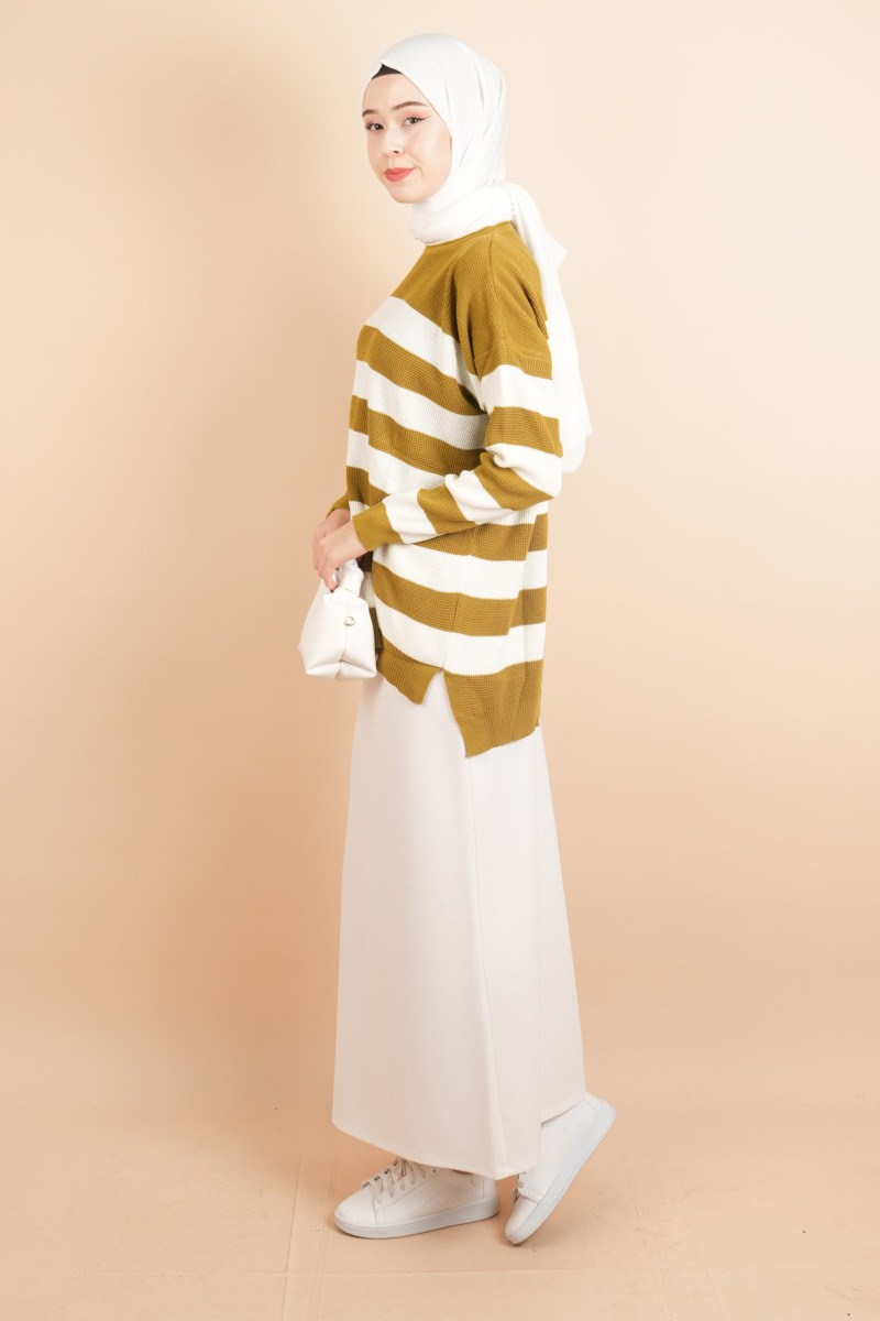 Bayan Tesettür Çizgili Prinç Örgü Kazak Yağ Yeşili - 3