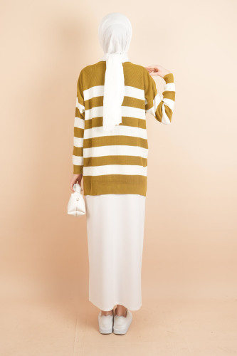 Bayan Tesettür Çizgili Prinç Örgü Kazak Yağ Yeşili - 4