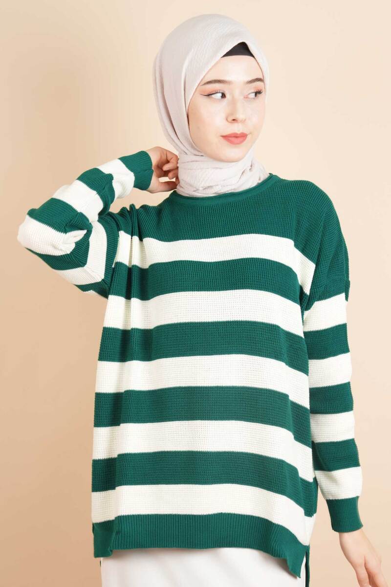 Bayan Tesettür Çizgili Prinç Örgü Kazak Zümrüt - 1