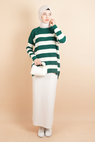 Bayan Tesettür Çizgili Prinç Örgü Kazak Zümrüt - 03Kız Kulesi Teks (1)