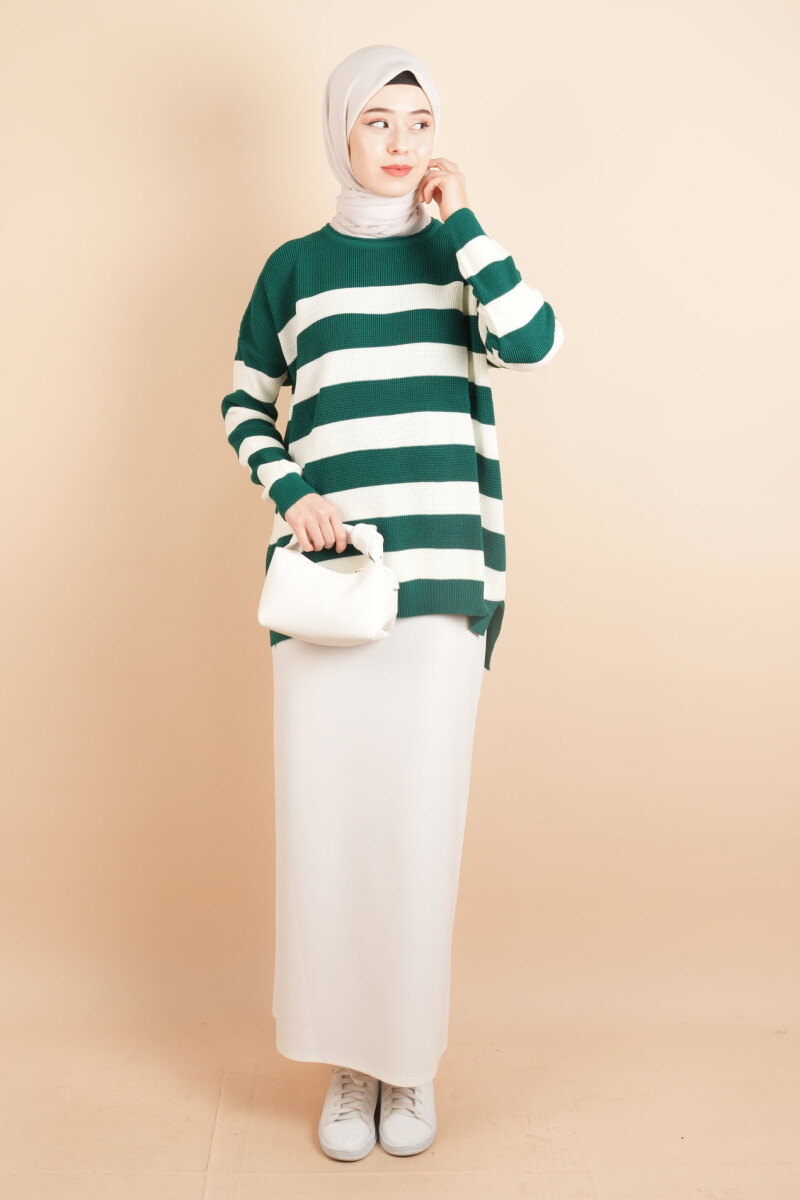 Bayan Tesettür Çizgili Prinç Örgü Kazak Zümrüt - 2