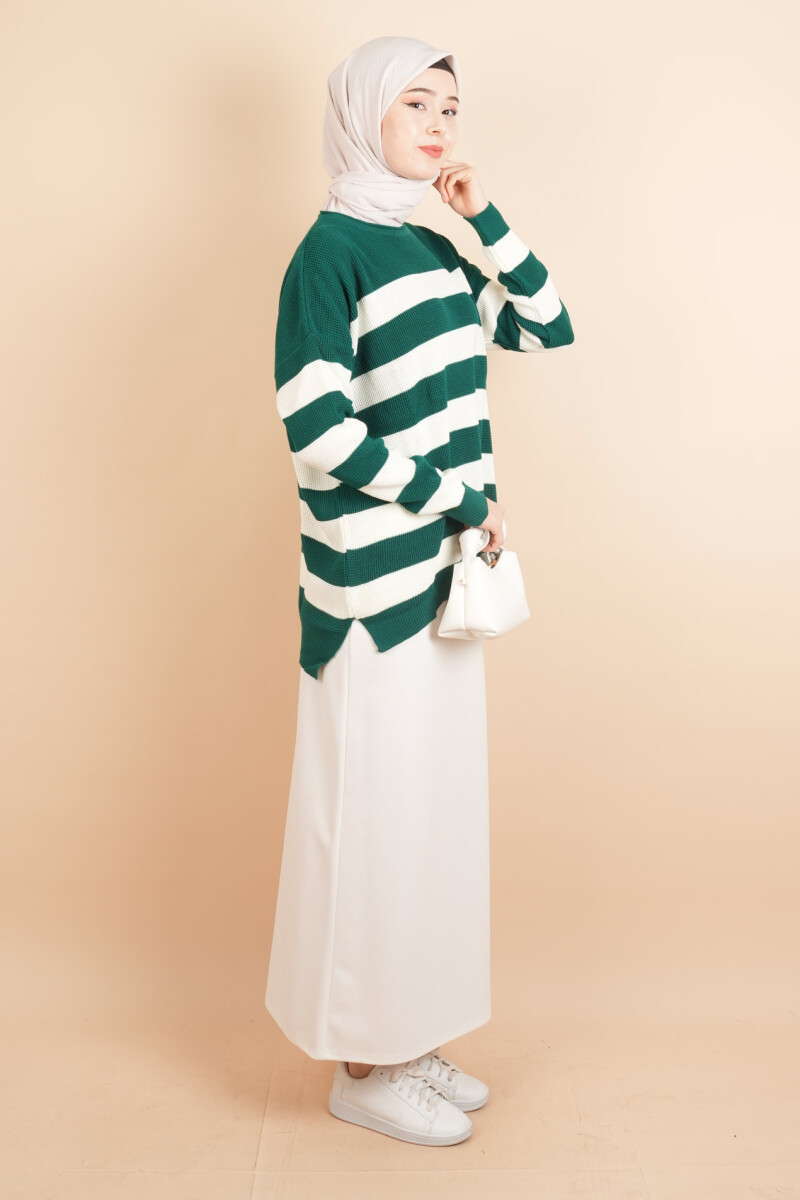 Bayan Tesettür Çizgili Prinç Örgü Kazak Zümrüt - 3