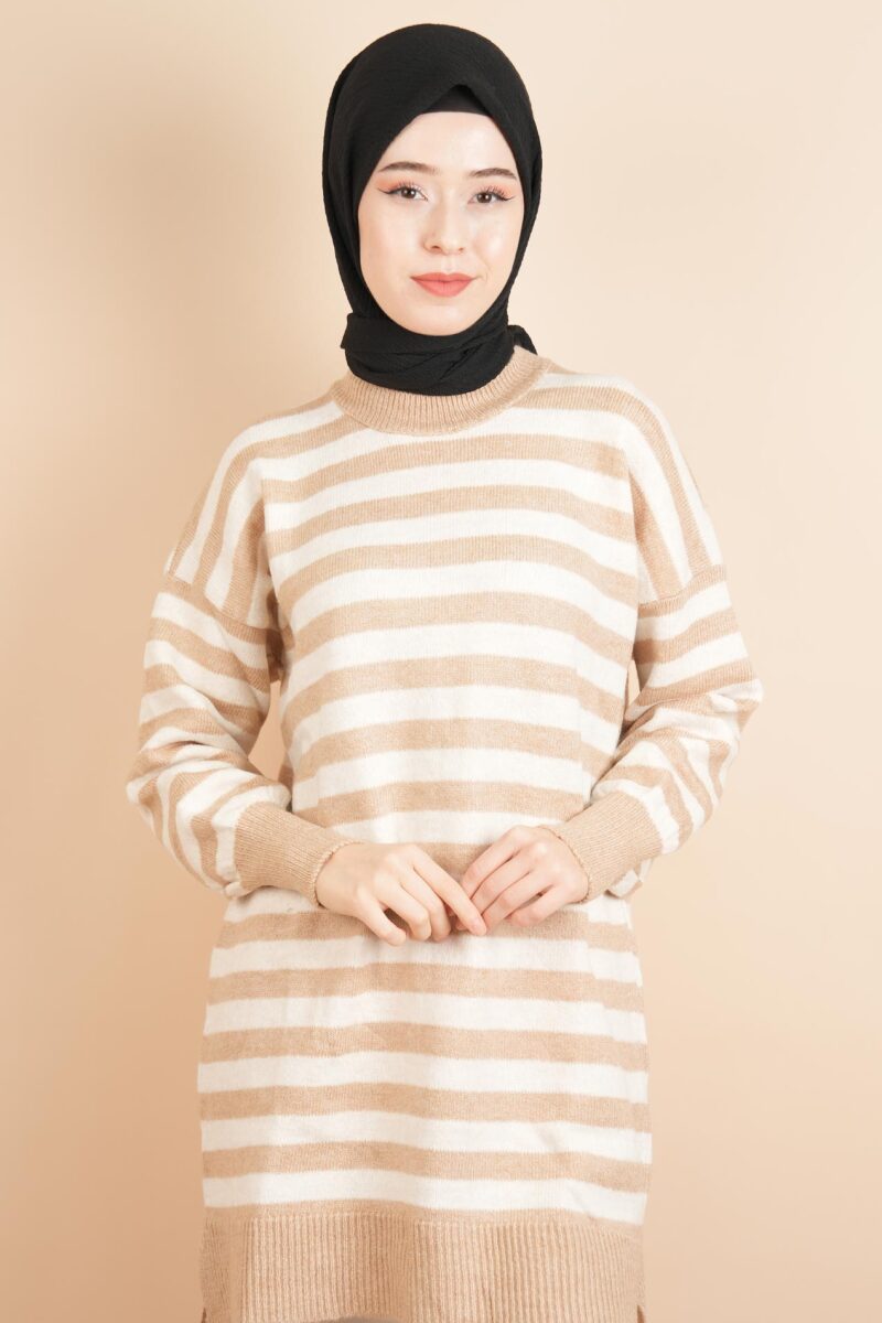 Bayan Tesettür Kazak Çizgili Yumoş Kazak Açık Kahverengi - 1