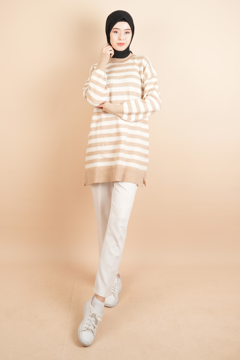 Bayan Tesettür Kazak Çizgili Yumoş Kazak Açık Kahverengi - 2