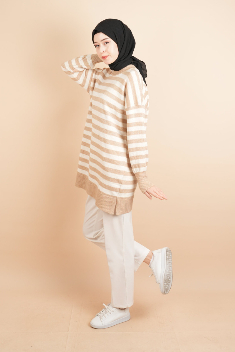 Bayan Tesettür Kazak Çizgili Yumoş Kazak Açık Kahverengi - 3