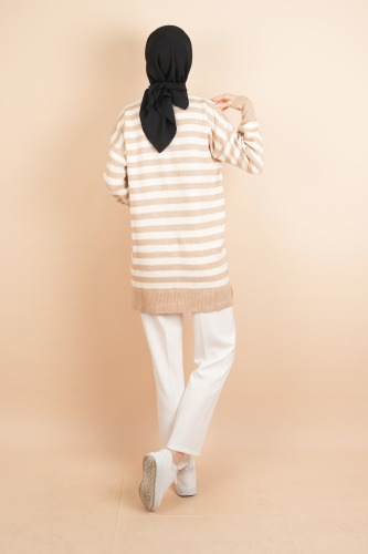 Bayan Tesettür Kazak Çizgili Yumoş Kazak Açık Kahverengi - 4