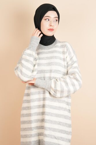 Bayan Tesettür Kazak Çizgili Yumoş Kazak Gri - 03Kız Kulesi Teks