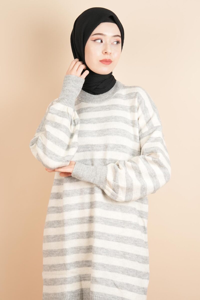 Bayan Tesettür Kazak Çizgili Yumoş Kazak Gri - 1