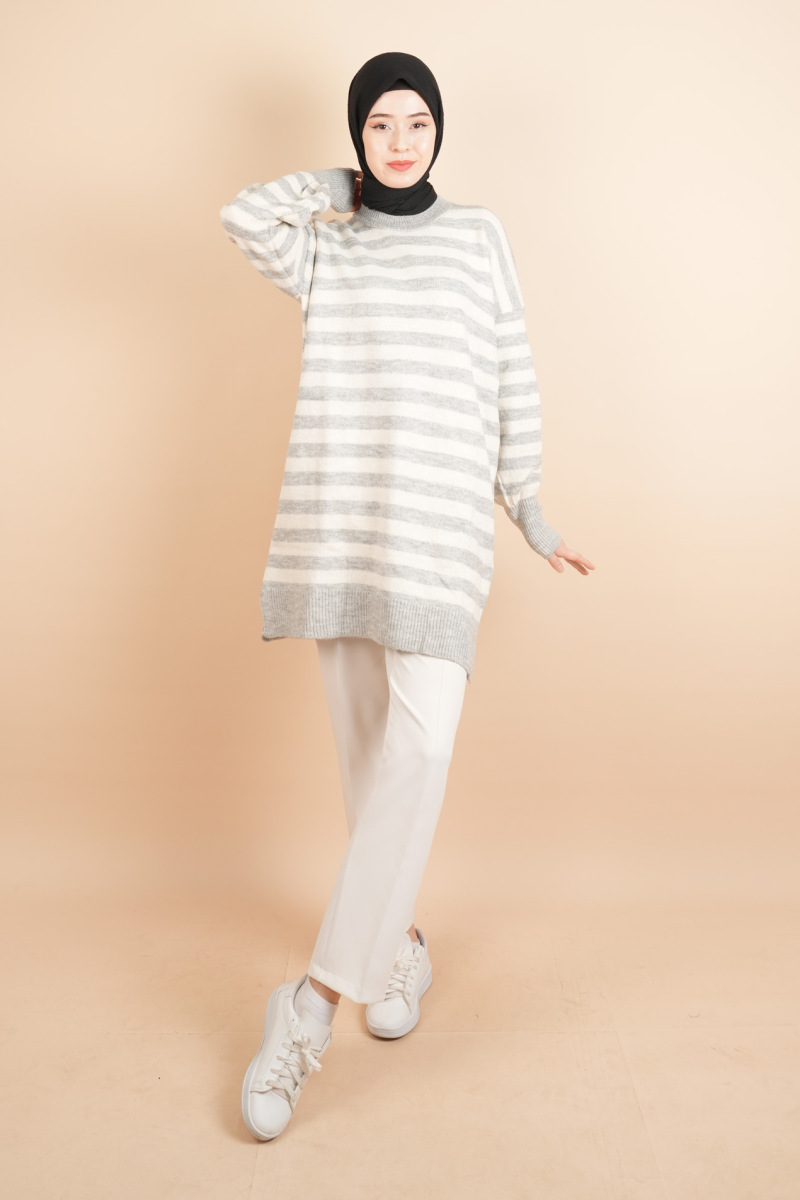 Bayan Tesettür Kazak Çizgili Yumoş Kazak Gri - 2