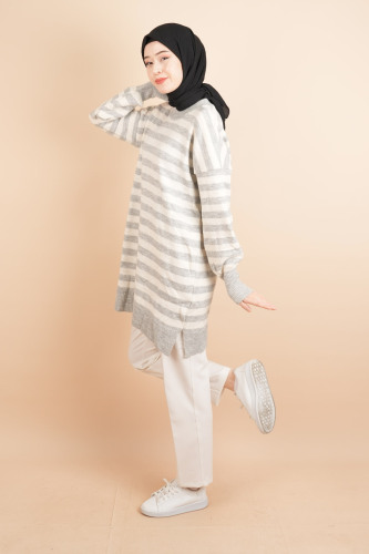 Bayan Tesettür Kazak Çizgili Yumoş Kazak Gri - 3