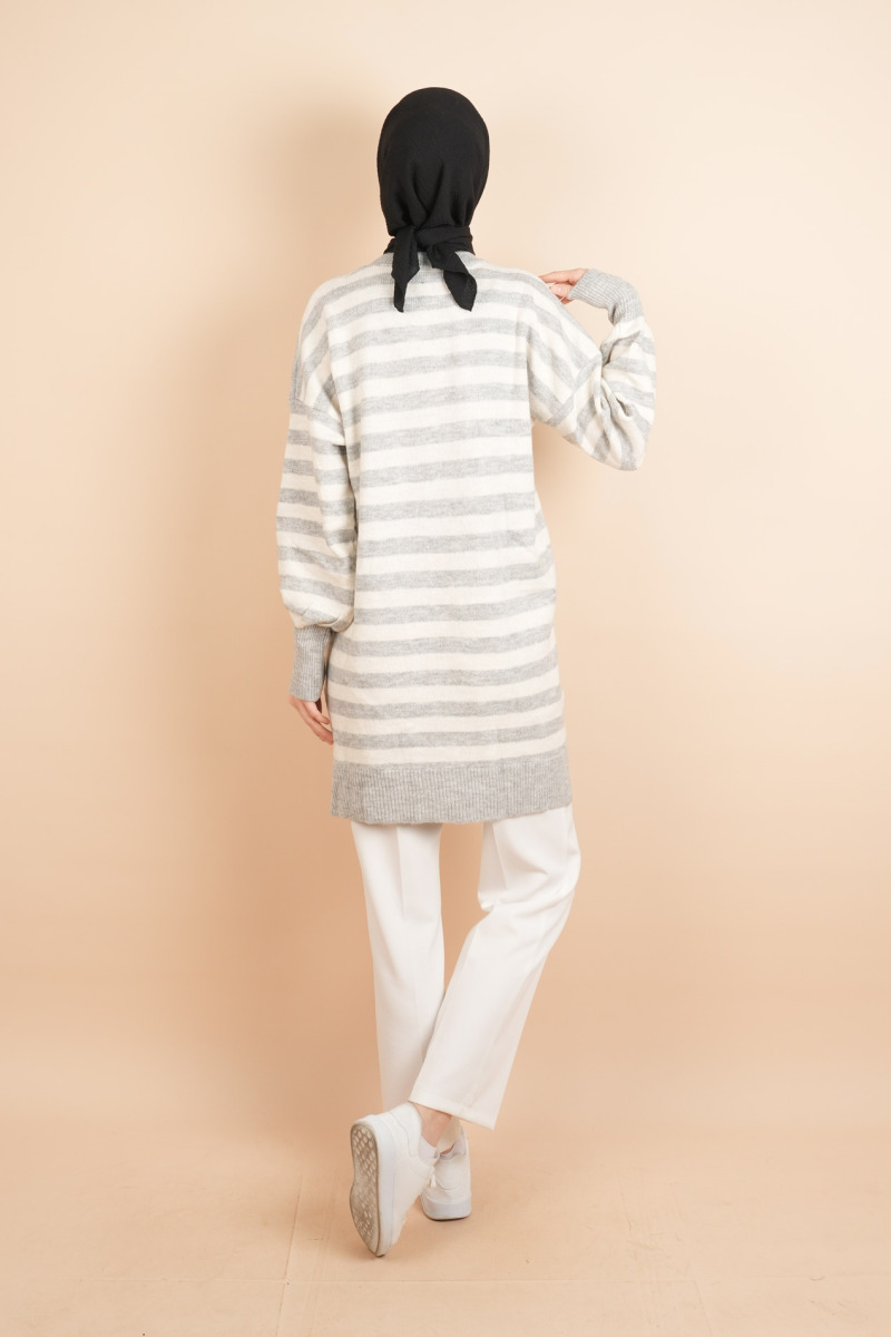 Bayan Tesettür Kazak Çizgili Yumoş Kazak Gri - 4