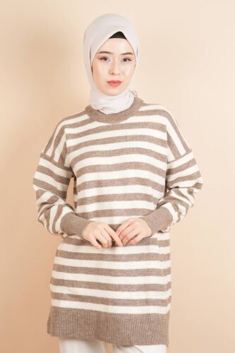 Bayan Tesettür Kazak Çizgili Yumoş Kazak Kahverengi - 03Kız Kulesi Teks