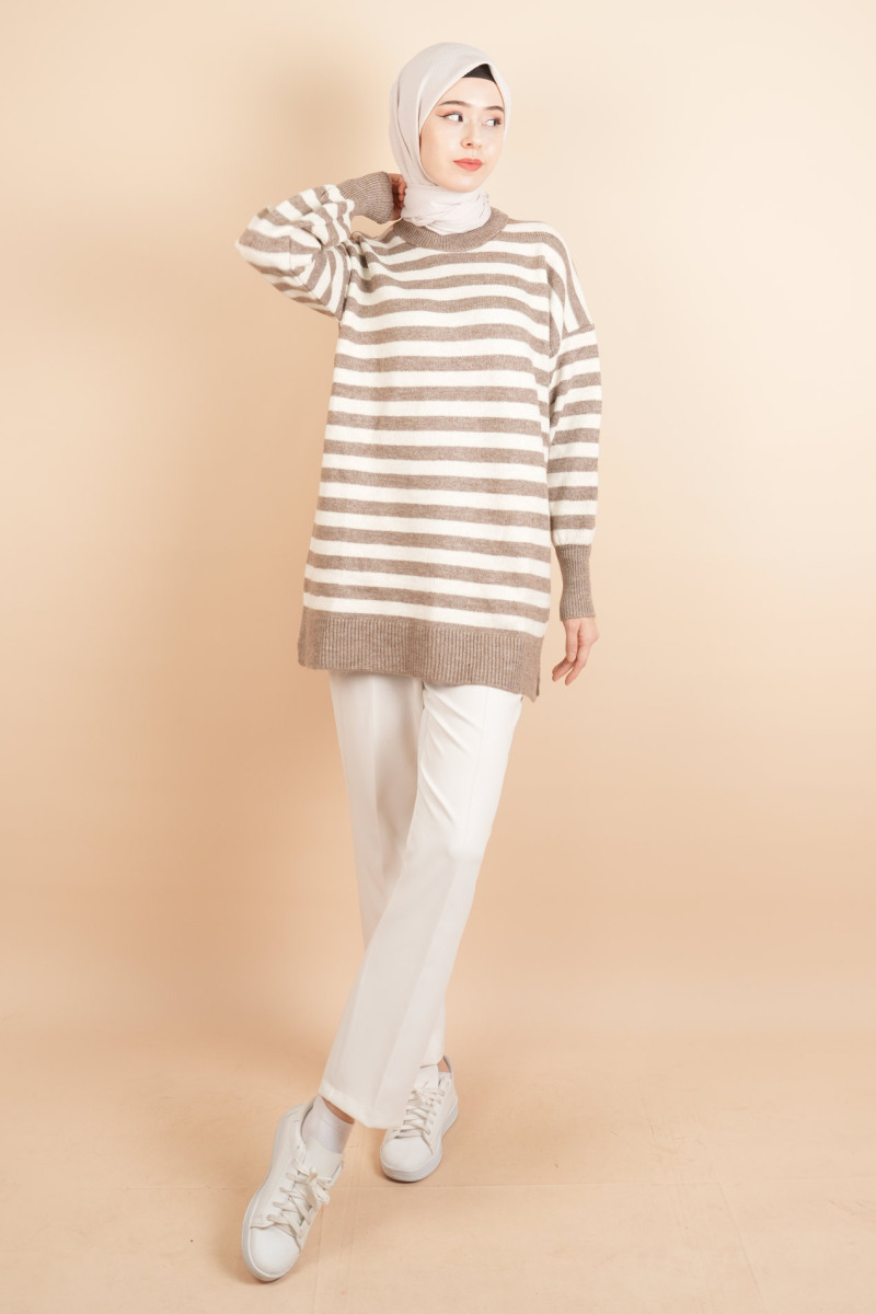 Bayan Tesettür Kazak Çizgili Yumoş Kazak Kahverengi - 2