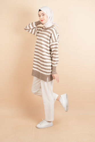 Bayan Tesettür Kazak Çizgili Yumoş Kazak Kahverengi - 3