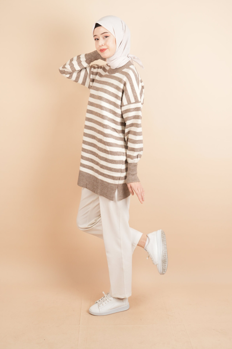 Bayan Tesettür Kazak Çizgili Yumoş Kazak Kahverengi - 3
