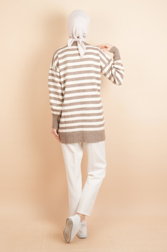 Bayan Tesettür Kazak Çizgili Yumoş Kazak Kahverengi - 4