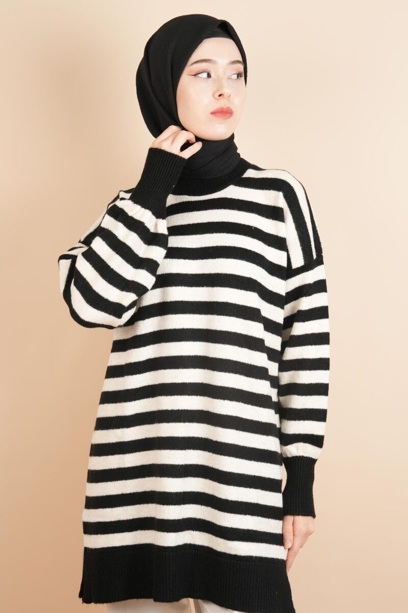 Bayan Tesettür Kazak Çizgili Yumoş Kazak Siyah - 1