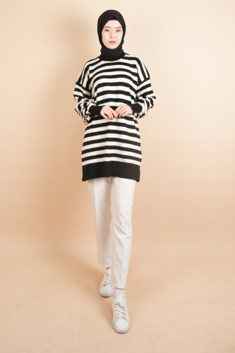 Bayan Tesettür Kazak Çizgili Yumoş Kazak Siyah - 03Kız Kulesi Teks (1)