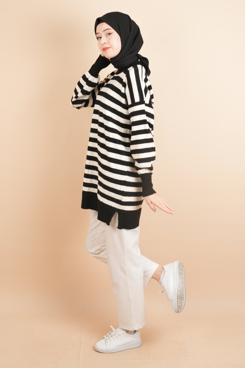 Bayan Tesettür Kazak Çizgili Yumoş Kazak Siyah - 3