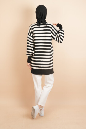 Bayan Tesettür Kazak Çizgili Yumoş Kazak Siyah - 4