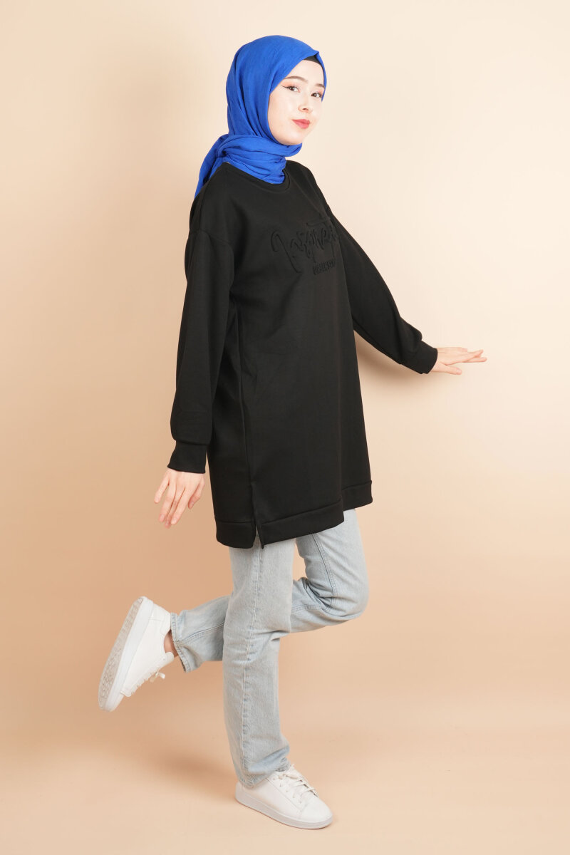 Bayan Tesettür Sweat Kendinden Kabartmalı Uzun Sweat Siyah - 3