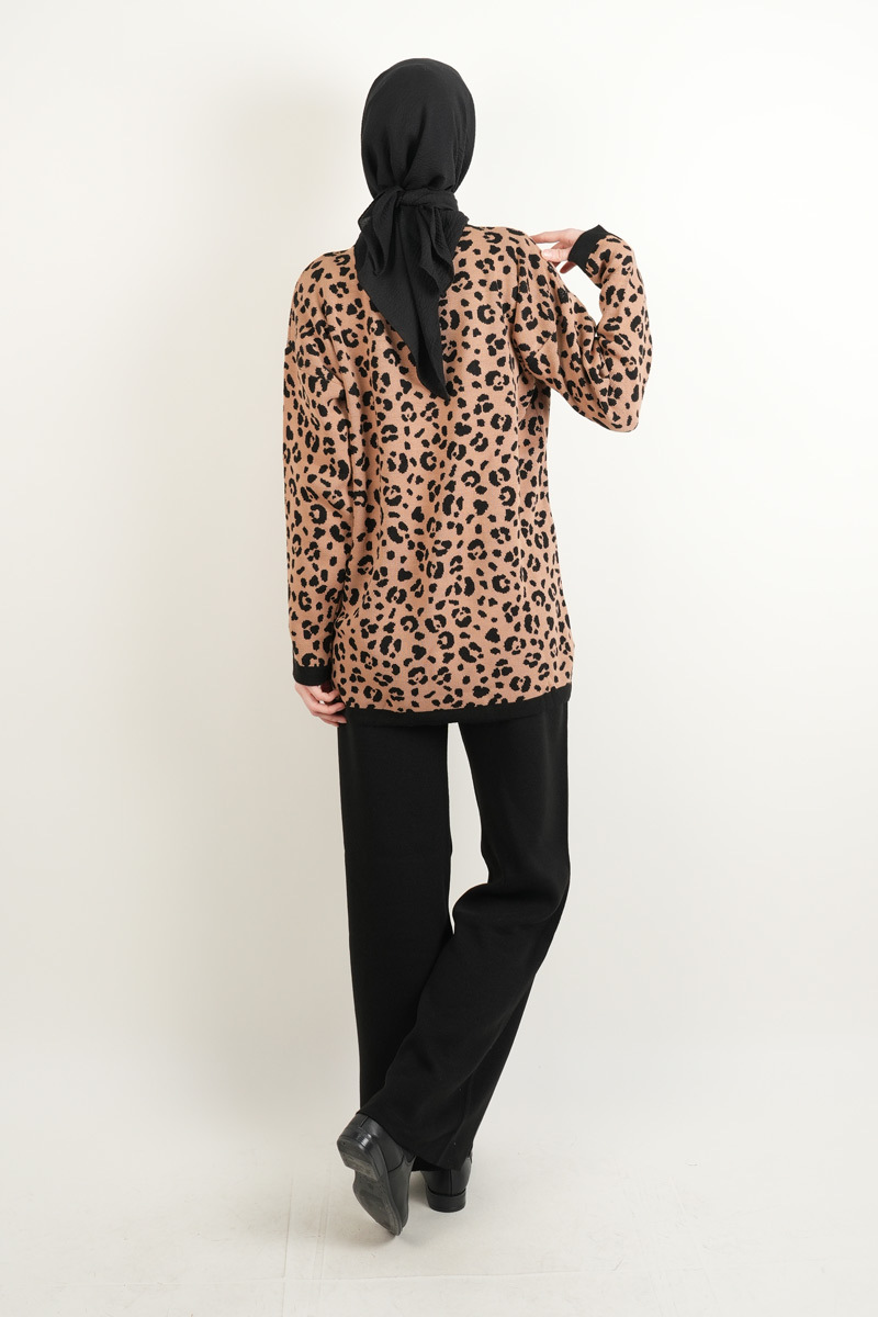 Bayan Triko Takım Leopar Ceketli Pantolon Takım Bej - 3