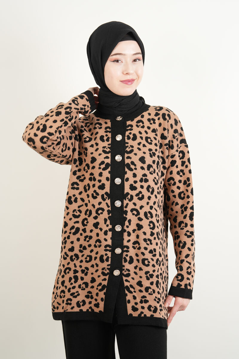 Bayan Triko Takım Leopar Ceketli Pantolon Takım Bej - 4
