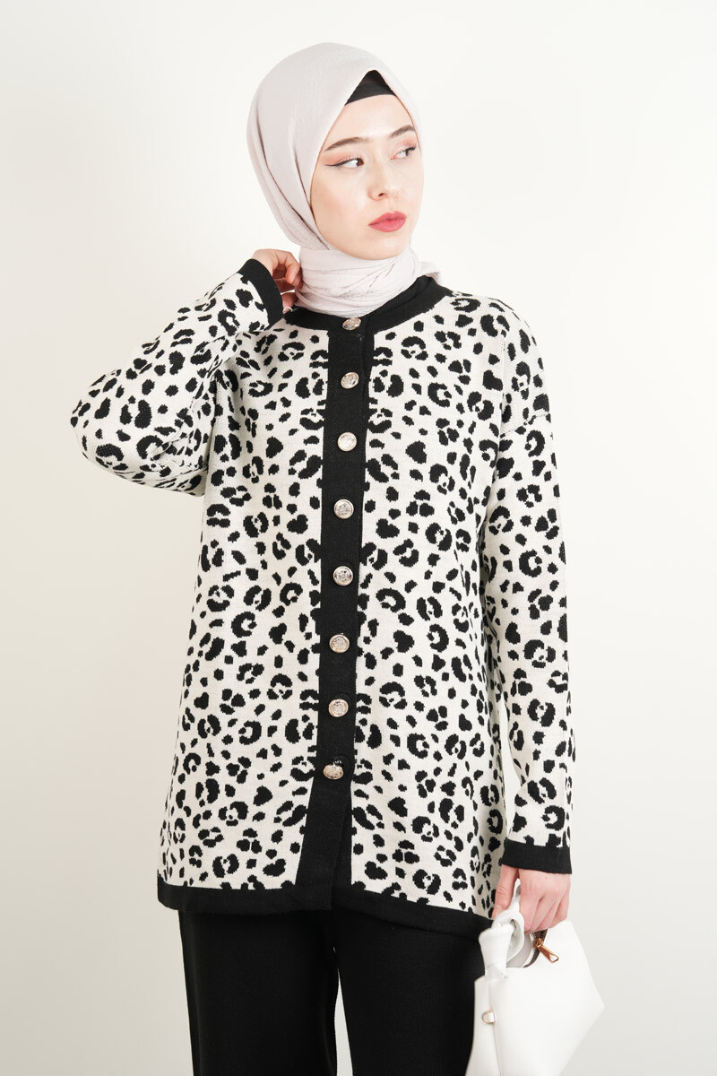 Bayan Triko Takım Leopar Ceketli Pantolon Takım Beyaz - 4