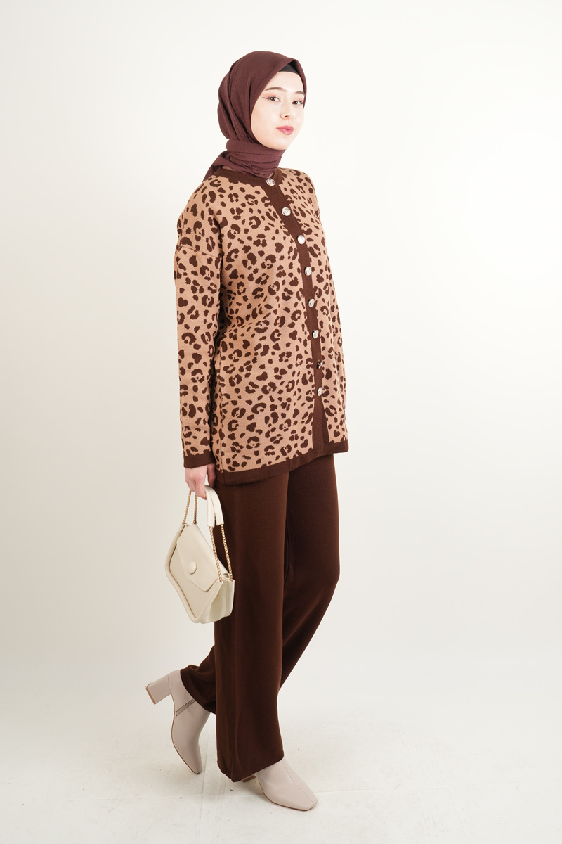 Bayan Triko Takım Leopar Ceketli Pantolon Takım Kahverengi - 2