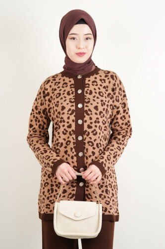 Bayan Triko Takım Leopar Ceketli Pantolon Takım Kahverengi - 4