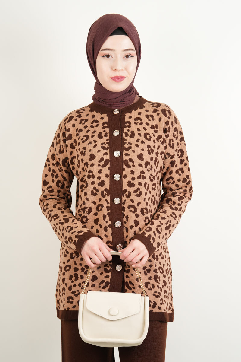 Bayan Triko Takım Leopar Ceketli Pantolon Takım Kahverengi - 4